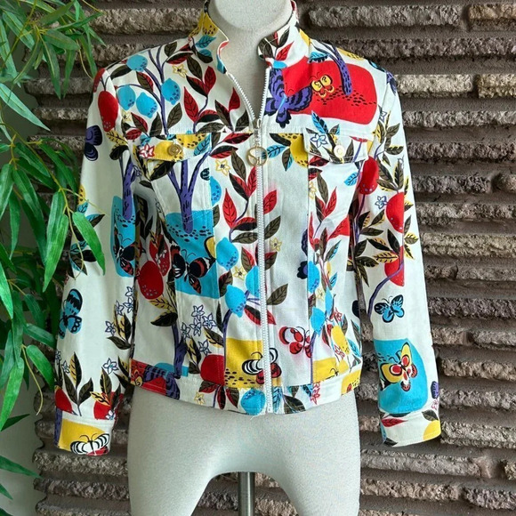 St. John Sport Colorful Butterfly Floral Trucker Denim Jacket READ - Picture 1 of 14